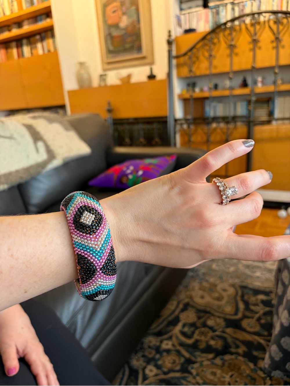 Hand-Beaded Multicolor Bangle Bracelet - Pink, Turquoise & Black